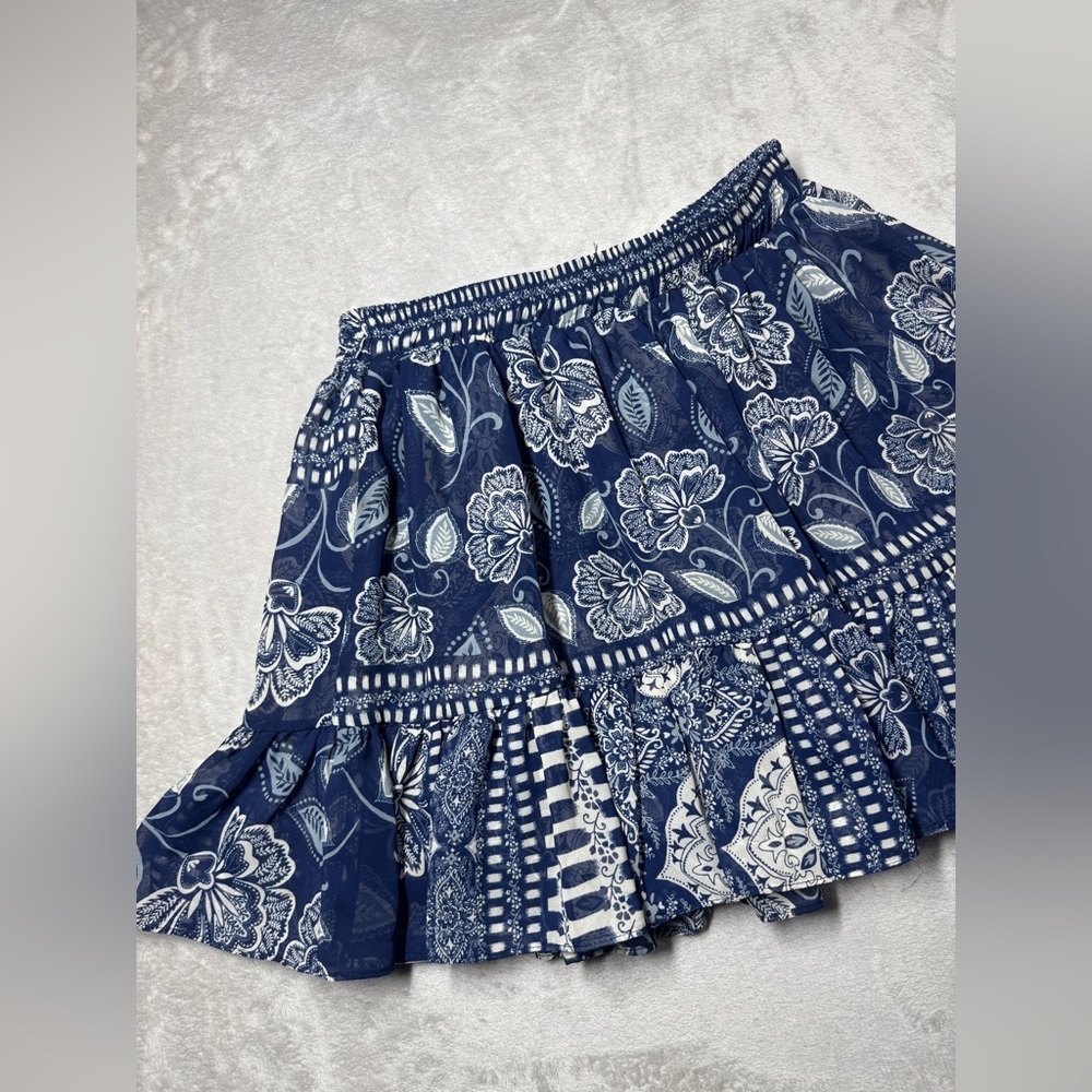 Misa Los Angeles Marion Navy Blue White Floral Paisley Ruffle Mini Skirt Small - Picture 8 of 12